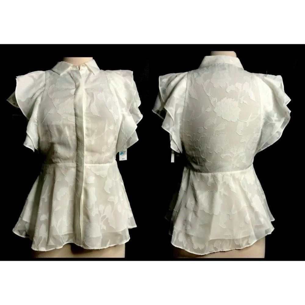 IMNYC Isaac Mizrahi White Peplum Tonal Print Blouse Short Flutter Sleeve 2 NEW